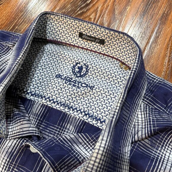 Bugatchi‎ Men’s XL Blue Button Up Casual Shirt Top Long Sleeve Plaid Flip Cuff - Picture 1 of 8